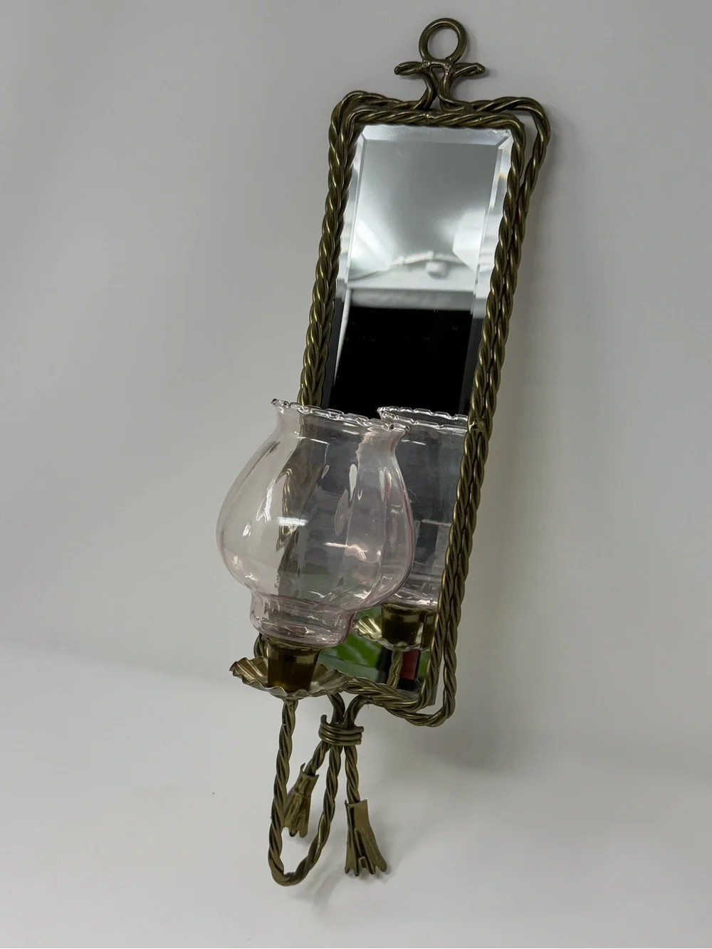 VTG Hollywood Regency Mirrored Wall Sconce Candle Holders Rope Tassels Set of 2